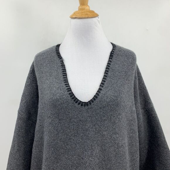 Zara Sweater Womens L Large Gray Knit Exposed Stitching V Neck Pockets Oversized - Picture 4 of 13